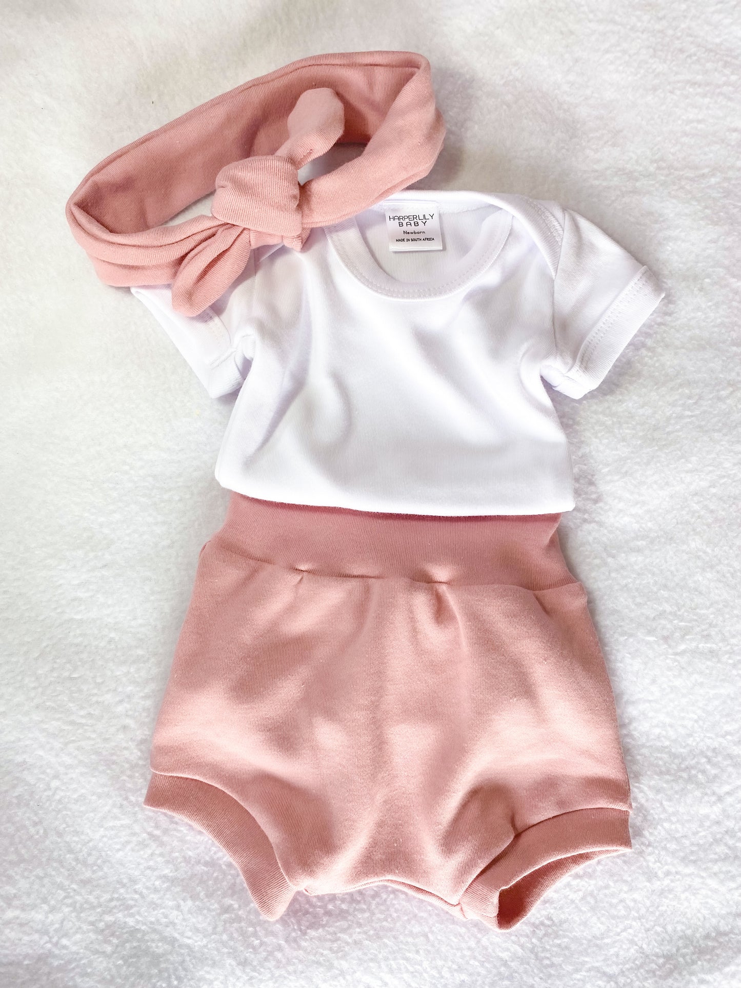 Dusty Rose Bum shorts, Onesie & Headband set