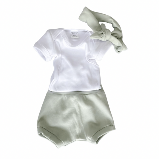 Sage Bum shorts, Onesie & Headband set